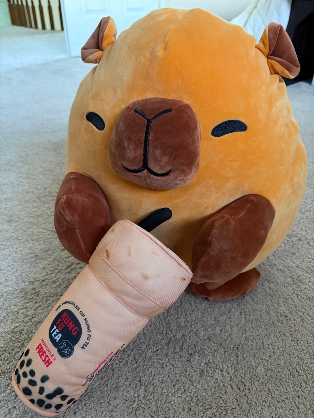 Large Plush Capybara Stuffie - Orange & Brown Bubble Tea Plush